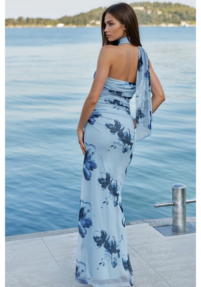 Hiccup Straplez Desenli Bodycon Maxi Tül Elbise Mavi