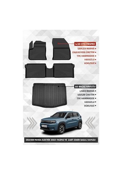 Fiat Grande Panda Elektrikli 2025+ Uyumlu 4.5d Premium Havuzlu Paspas Ve Liner Marka Bagaj Havuzu