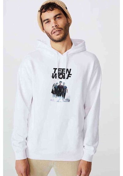 Teen Wolf Android Baskılı Beyaz Erkek Örme Kapşonlu Sweatshirt