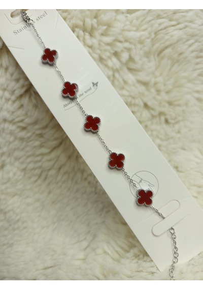 Stainless Steel Bordo Yonca Çelik Bileklik Gümüş