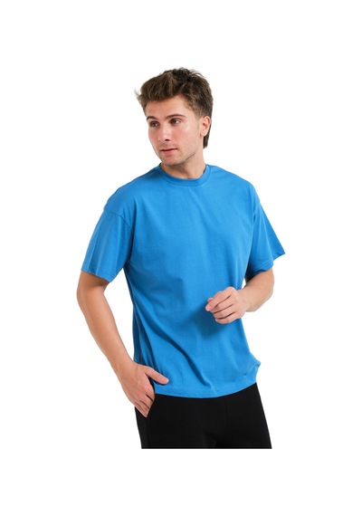 Justever 100% Pamuk Oversize Fit Bisiklet Yaka Mavi Erkek T-shirt - Alpha Mavi
