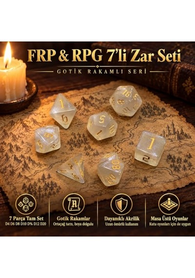 Gotik Rakamlı Dnd Frp Zar Seti 7'li, Melek Tüyü Simli Beyaz, Altın Rakam
