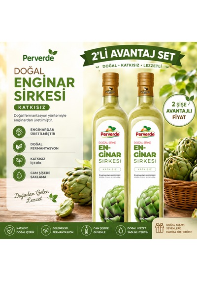 Doğal Fermantasyon Enginar Sirkesi 2'li Avantaj Seti 2x500 Ml - Katkısız & Geleneksel Cam Şişe
