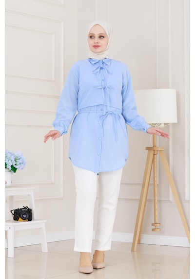 Sevitli Cepken Detaylı Bağlamalı Keten Tunik-bebe Mavi-5115 Bebek Mavisi