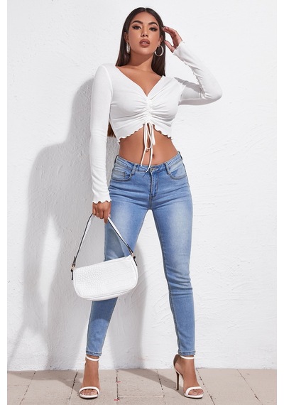 Veraura Lifestyle Kadın Beyaz Uzun Kollu Büzdürme Bağcık Detaylı Crop Top Bluz