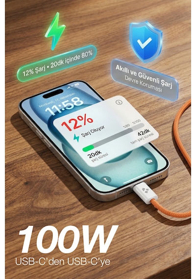 100w Destekli Usb-c To Usb-c Hızlı Şarj Ve Yüksek Hızlı Veri Aktarım Kablosu 1 Metre 100cm