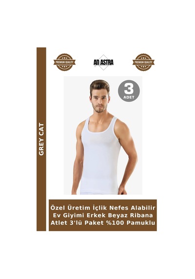 Grey Cat Özel Üretim İçlik Nefes Alabilir Ev Giyimi Erkek Beyaz Ribana Atlet 3'lü Paket %100 Pamuklu