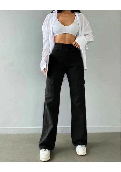 Lavajeans Dora Kadın Siyah Solmaz Likralı Arka Cepsiz Model Kargo Lavajeans Pantolon Siyah P1 Siyah