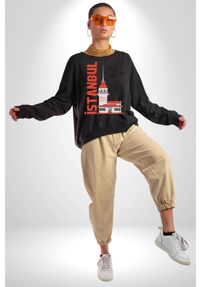 İstanbul Kız Kulesi Türkiye Unisex Siyah Sweatshirt Siyah