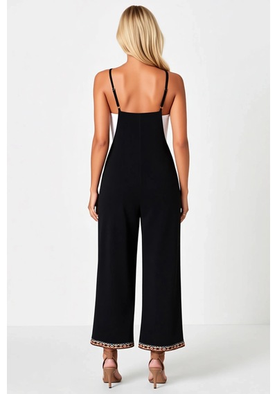 Ersefa Tulum İp Askılı V Yakalı Etnik Şerit Desenli Cep Detaylı Janjan K Siyah