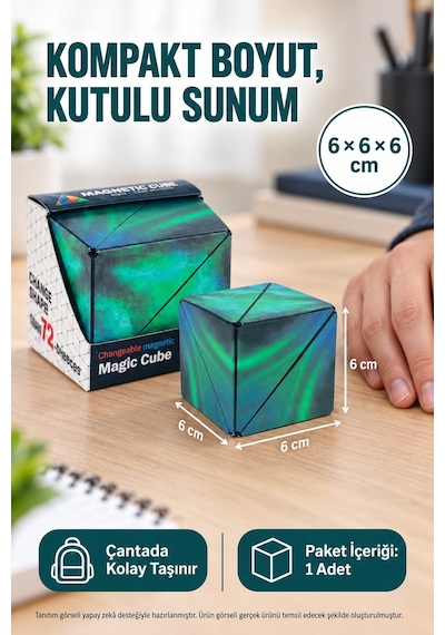 Manyetik Şekil Değiştiren Sihirli Küp Zeka Oyuncağı Stres Oyuncağı Aurora Yeşil 6x6x6 Cm
