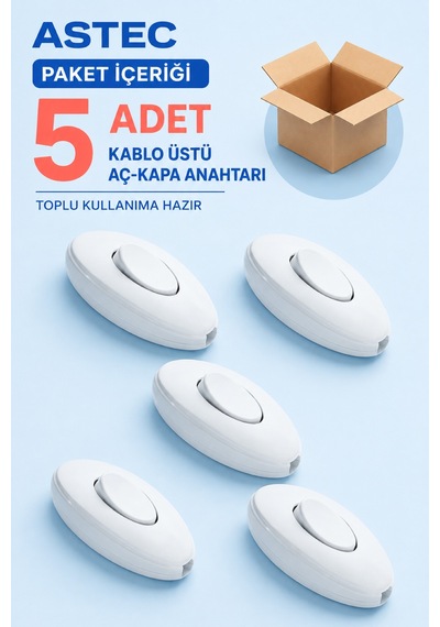 Astec Kaliteli Ara Puar Anahtar Beyaz Kablo Üstü Aç Kapa Düğmesi 5 Adet