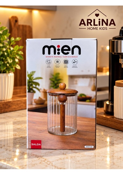 1000ml Akasya Kapaklı Kaşıklı Cam Kavanoz Şeffat Cam - Akasya Ahşap Kapak