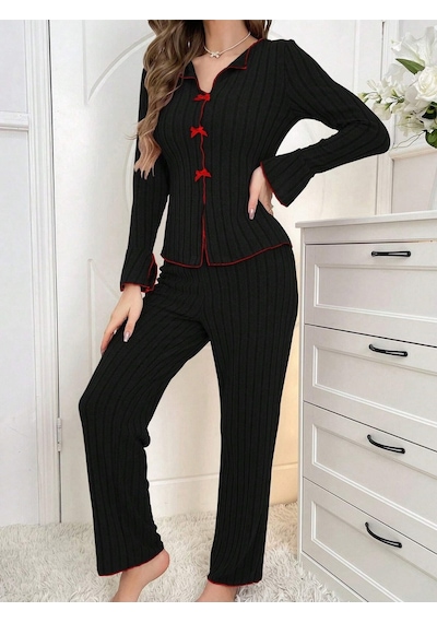 Bella Notte Pamuklu Kırmızı Fiyonk Detaylı Mevsimlik Pijama Takımı Siyah