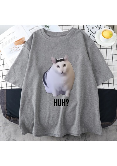 Flood Of Style Kedi Ha Diyor Komik Meme Baskı T-shirt Erkekler Kadınlar 100% Pamuk Streetwear Vintage Kısa Gri