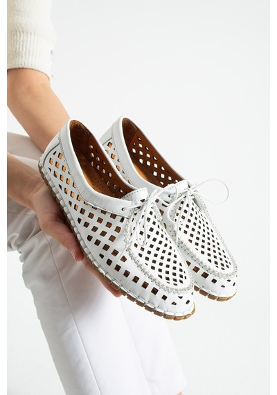 Dabab Shoes Vırena Kadın Beyaz Hakiki Deri File Bağcıklı Düz Taban Yazlık Babet Loafer Ayakkabı