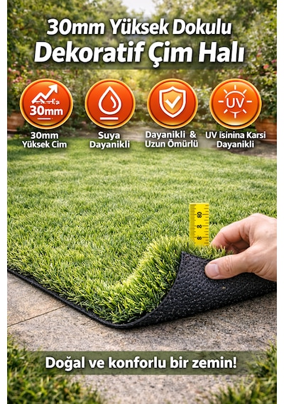 30mm Dekoratif Çim Halı Doğal Görünüm, Konforlu Kullanım 100 x 100