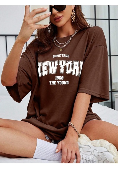 True New York T-shirt - Kahverengi Baskılı Oversize Bisiklet Yaka Kısa Kol Tişört Kahverengi True New York T-shirt - Kahverengi Baskılı Oversize Bisiklet Yaka Kısa Kol Tişört Kahverengi