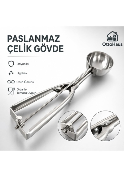 Paslanmaz Çelik Dondurma Kaşığı, Otomatik Yaylı Bırakma Mekanizmalı Porsiyonlama Kaşığı, Kurabiye Hamuru, Köfte, Püre Ve Tatlı Servis Kepçesi