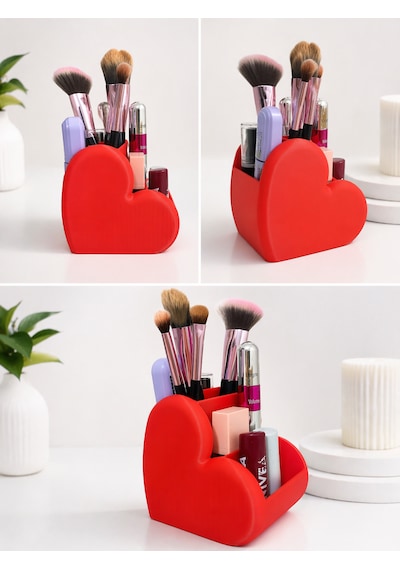 3d Baskı Kalp Tasarımlı Kalemlik & Makyaj Organizer Modern Masaüstü Düzenleyici Kırmızı