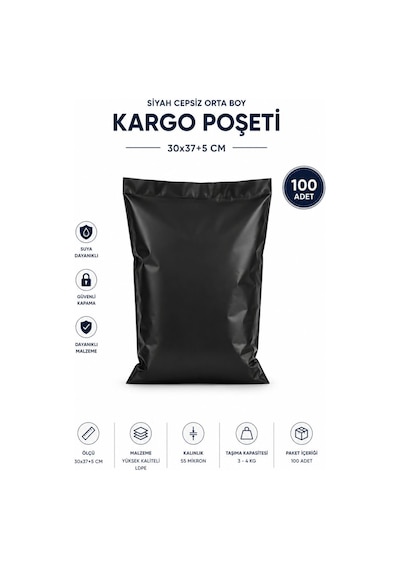 Siyah Cepsiz Orta Boy Kargo Poşeti 30x37+5 Cm 100 Adet