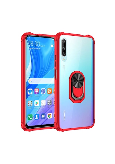 Huawei P Smart Pro 2019 Kılıf Arkası Şeffaf Kenarları Renkli Yüzüklü Tank Kapak Mola