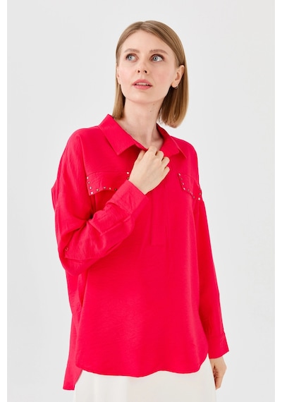 Desen Triko Kadın Polo Yaka Cepli Bluz 23485 Fuşya Desen Triko Kadın Polo Yaka Cepli Bluz 23485 Fuşya