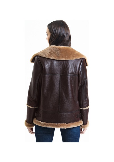 M M Marki Marki Kadın Kahverengi Vintage Deri Mont, Kahverengi Kürklü, Balıkçı Yaka, Oversize - 105222 Siyah Kahverengi