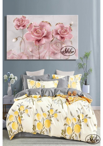 Tekli, Yatay, Kanvas, Dekoratif, Duvar, Tablosu , Pembe Gold Detaylı 3d Güller,