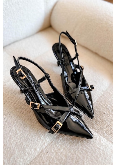 Duxal Shoes İki Bantlı Bordo Rugan Kadın Topuklu Siyah
