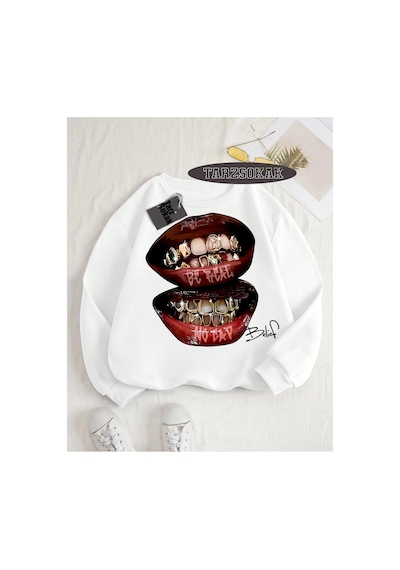 Tarzsokak Biskilet Yaka Sweatshirt Beyaz Grillz Tee Özel Tasarım