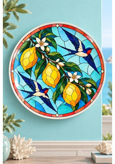 Dekoratif Duvar Tabağı Limonlu Vitray Bahçesi Dekorlu Seramik Tabak Gri