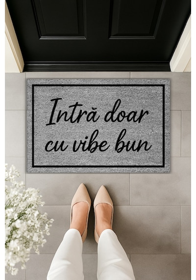 Rugmood Modern Dijital Baskı Çerçeveli Intră Doar Cu Vibe Bun Yazılı - Kapı Önü Paspası Gri