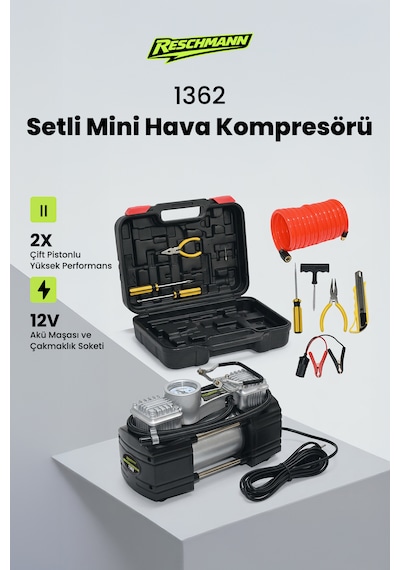 R-1362 Profesyonel Çift Pistonlu Setli Mini Hava Kompresörü 90 Bar
