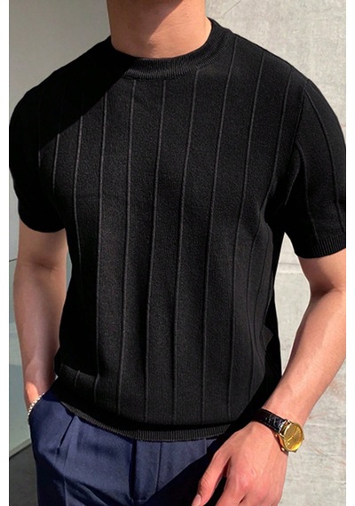 Cool Tarz Siyah Erkek Yuvarlak Yaka Örme T-shirt Siyah Siyah