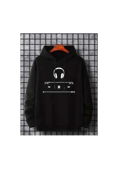 Medinenur Kulaklık Baskılı Kapüşonlu Cepli Sweatshirt Siyah