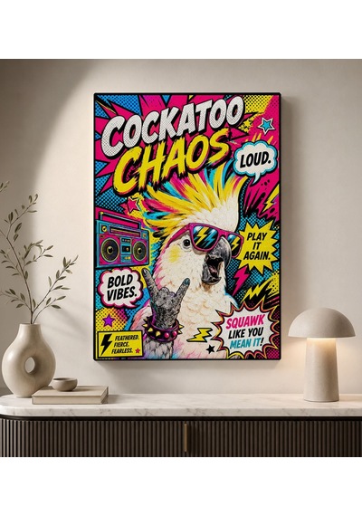 Bk Gift Cockatoo Chaos Yazılı Güneş Gözlüklü Kakadu Papağan Pop Art Renkli Kanvas Duvar Tablosu 50x70 Cm