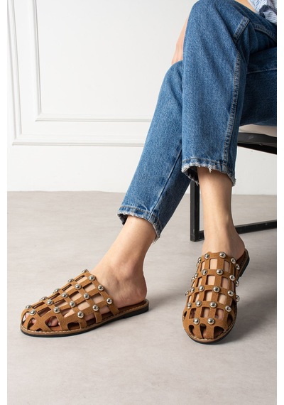 Shoetek Livya Kadın Terlik Pimli Taba Süet