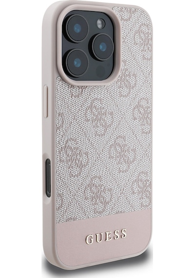 Apple Uyumlu iPhone 16 Pro Max Kılıf Guess Lisanslı Pu Deri Şerit Logo Dizaynlı Kapak Pembe
