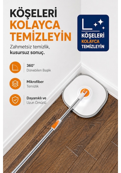 Moppak Temiz Kirli Su Ayrımı Mikrofiber Kare Başlık Mop Temizlik Seti Beyaz