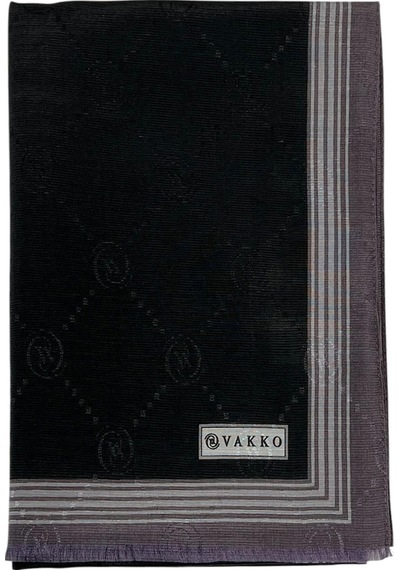 Vakko Pamuk İpek Şal - Bordürlü Monogram - Siyah Gri