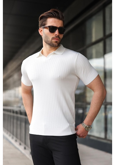 Madmext Beyaz Polo Yaka Triko Erkek Tişört E7461 Beyaz