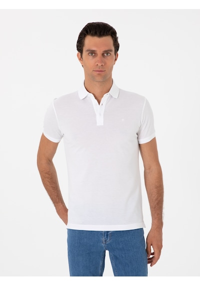 Beyaz Slim Fit Polo Yaka Pamuklu Basic T-shirt