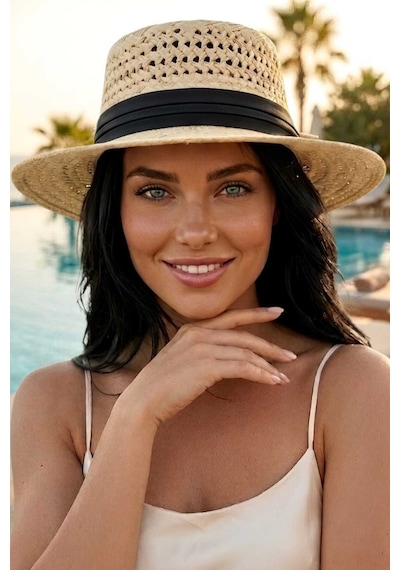 Tezzgelsin Kadın Hasır Şapka Riviera Stil Delikli Örgü Yazlık Plaj Şapkası Bej - Siyah