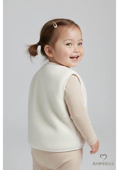 Babyden's Welsoft Kız Bebek Çocuk Çıtçıtlı Yelek Yumuşak Dokulu,ayıcık Armalı,peluş Bebek Yeleği Ekru