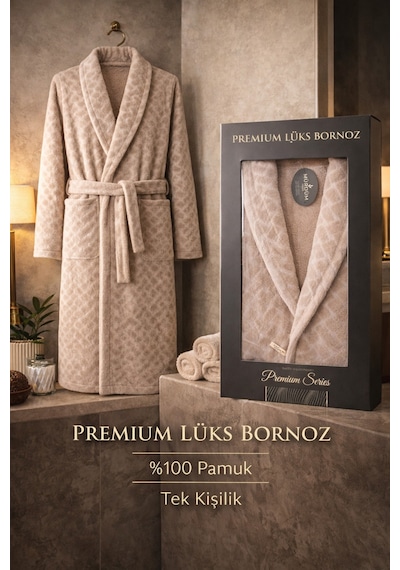 %100 Pamuktan Üretim Premium Lüks Bornoz Özel Çantalı Bej