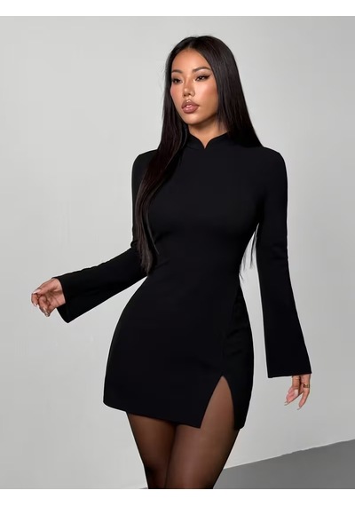 Kadın Uzun Kollu Hakim Yakalı Kısa Yırtmaçlı Ithal Krep Elbise Siyah