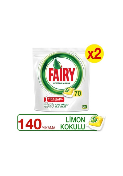 Hepsi Bir Arada 140 Yıkama Bulaşık Makinesi Deterjanı Kapsülü, Limon Kokulu 70 X 2