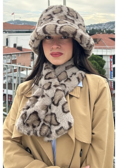 Mollycrush Kadın Leopar Desenli Peluş Şapka Atkı Takım Kışlık Model Bej Leopar