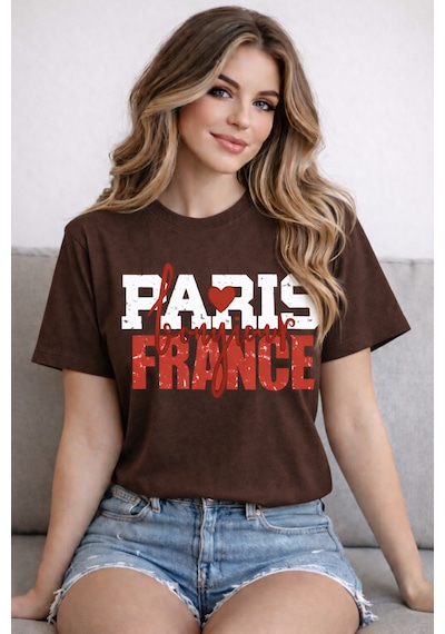 Herkesemoda Paris France Baskı Detaylı Basic T-shirt Kahverengi